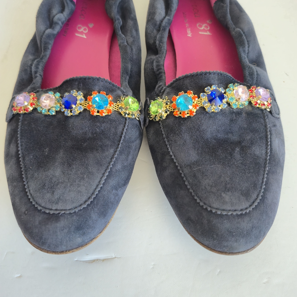 Erica '81Jeweled Suede Loafers / Flats - Navy, Size 38,Made In Italy